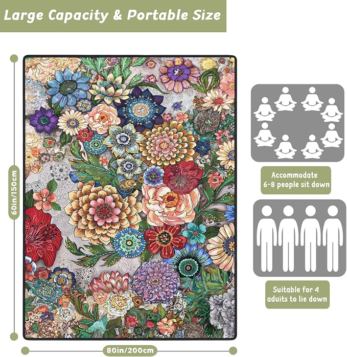 Picnic Blankets Extra Large Waterproof, 80"x 60" Flowers Beach Mat with Corner Pockets Windproof Sandproof Foldable Portable 3-Layer Mat Darker for Wet Grass,Parks,Music Festival,Camping,Concerts