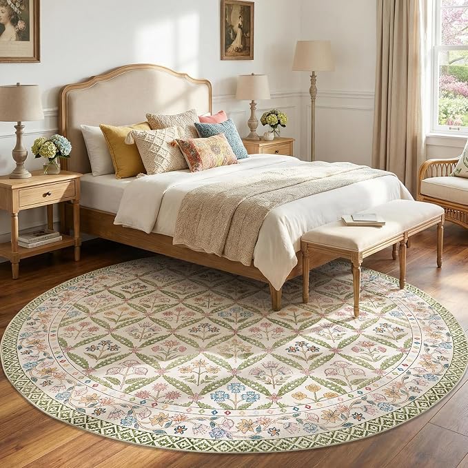 jinchan Round Rug 7ft Vintage Floral Washable Circle Area Rug, Sage Green | Soft & Lightweight, Checkered Floral, Low Pile, Non Slip, Dining Room, Living Room, Bedroom, Girls Room, Kids Room Decor