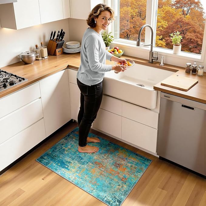 RELEANY Washable 2'x3' Abstract Area Rug for Living Room Teal Multi | Carpet for Bedroom, Kitchen, Office, Hallway and Entryway, Printed Pattern, Non‑Slip, Soft, Stain‑Resistant, Easy to Clean