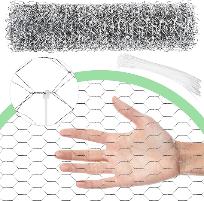 Chicken Wire 4 in x 590.5 in Poultry Wire Netting Hexagonal Galvanized Mesh Garden Fence Barrier for Pet Rabbit Chicken Fencing with 100 Pcs Cable Zip Ties