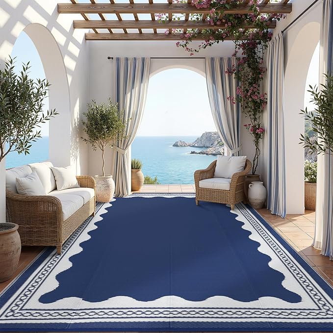 Garvee Outdoor Rug 9x12 Scalloped Waterproof Patio RV Outdoor Rugs Reversible Foldable Plastic Straw Rug Modern Camping Carpet for Deck Camper Porch Balcony Backyard Picnic Beach Dark Blue