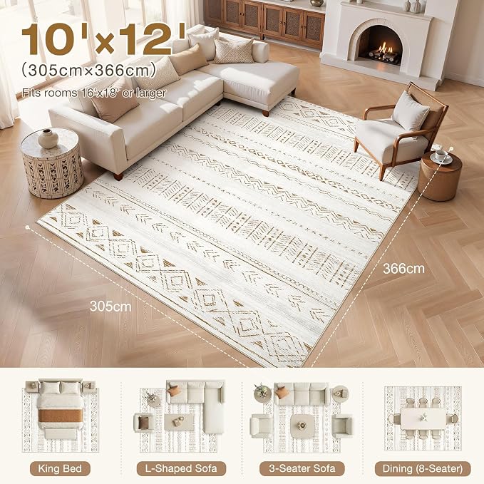 cotiled Boho 10x12 Area Rug for Living Room: Large Moroccan Washable Rug | Stain Resistan Carpet for Bedroom Farmhouse Brown Cream