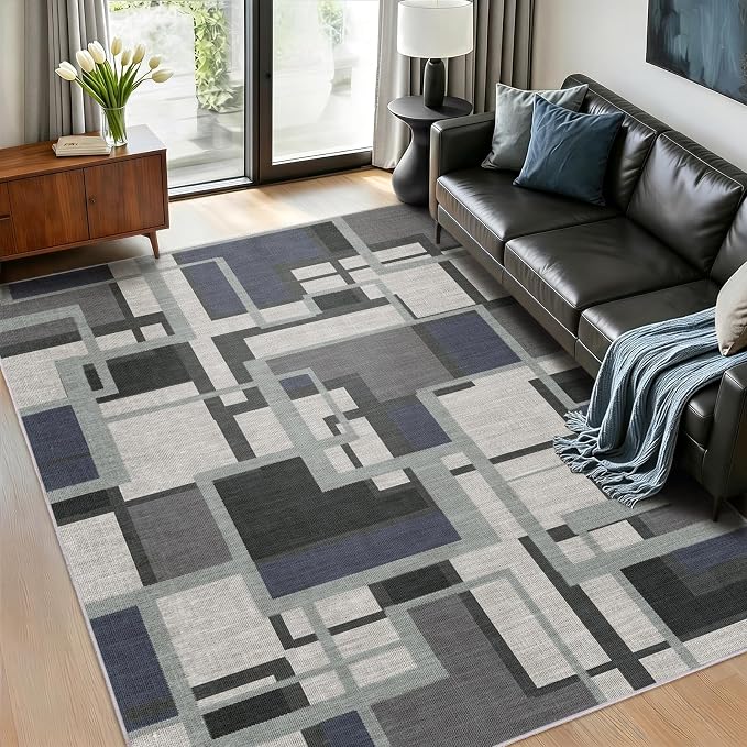 Pionblank Modern Geometric Area Rugs for Bedroom, Slate Blue 4x6 Rug | Blue Grey Patchwork Blocks Indoor Carpet for Living Room Dining Room Office | Soft Low-Pile Floor Rug | Abstract | Non-Slip