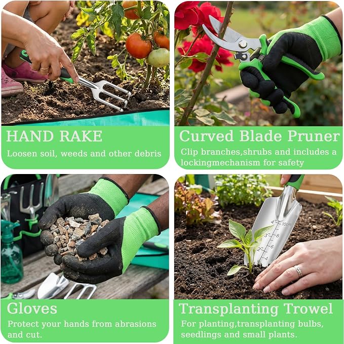10-Piece Garden Tool Set - Heavy Duty Lightweight Aluminum Alloy Gardening Tools with Storage Tote Bag, Rust-Proof Gardening Hand Tools & Non-Slip Ergonomic Grip, Ideal Gardening Gifts for Women