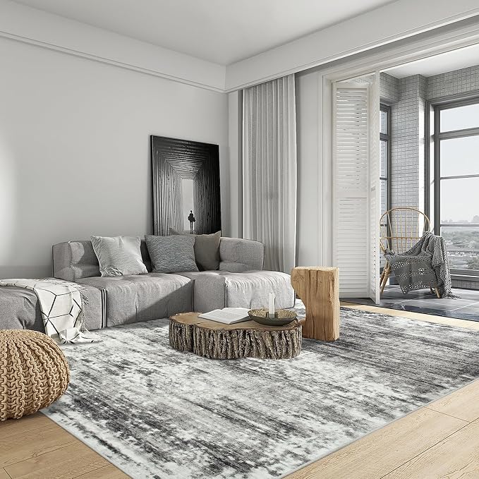 10x14 Area Rugs for Living Room: Washable Abstract Black Grey Carpet | Non-slip TPE backing makes this washable soft low-pile rug safe & durable, Pet-friendly decor for dining room,nursery,office