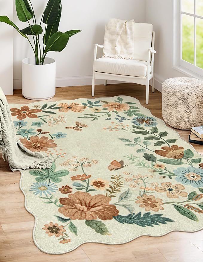 Lahome Floral Machine Washable Rug, Soft 3x5 Rugs for Entryway Bedroom | Non Slip Ultra-Thin Boho Rugs for Living Room Stain Resistan Throw Carpet for Nursery Entrance Flore, Beige