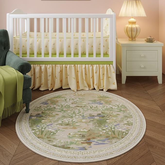 Rugcomf Circle Rug Impressionist-Style Vintage Round Rug 6ft Non Slip Low Pile Small Circular Rug for Bedroom Bathroom Entryway Kids Room Office College Dorm, Beige