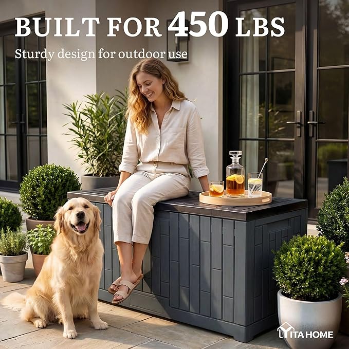 YITAHOME 120 Gallon Outdoor Storage Deck Box | Large Resin Patio Storage Box with Slide-Locking Lid, 53"L 2-Person Bench Seat for Outdoor Pillows, Garden Tools &