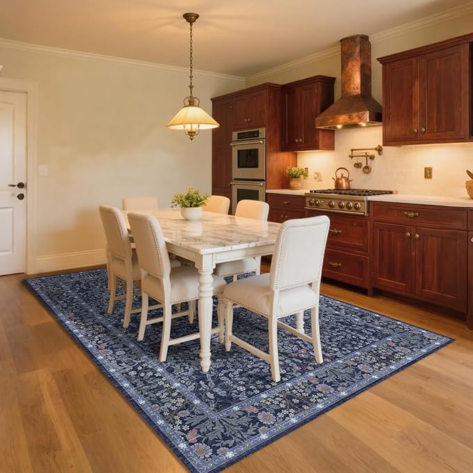 5x7 Washable Area Rugs for Living Room, Stain Resistant Vintage Rugs for Dining Room Under Kitchen Table, Bedroom, Floral Low Pile Non-Slip Large Carpet (5 x 7 Blue)