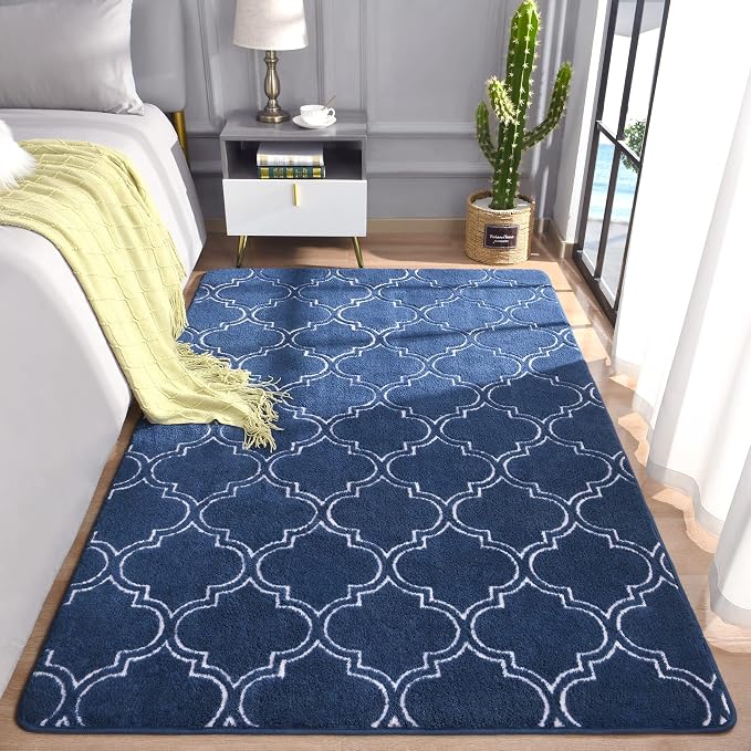 Chicrug 4x6 Shag Geometric Modern Area Rug for Bedroom Living Room | Memory Foam Indoor Carpet, Fluffy Rug for Bedside Room for Family Girls Kids Play Mat, Navy and White