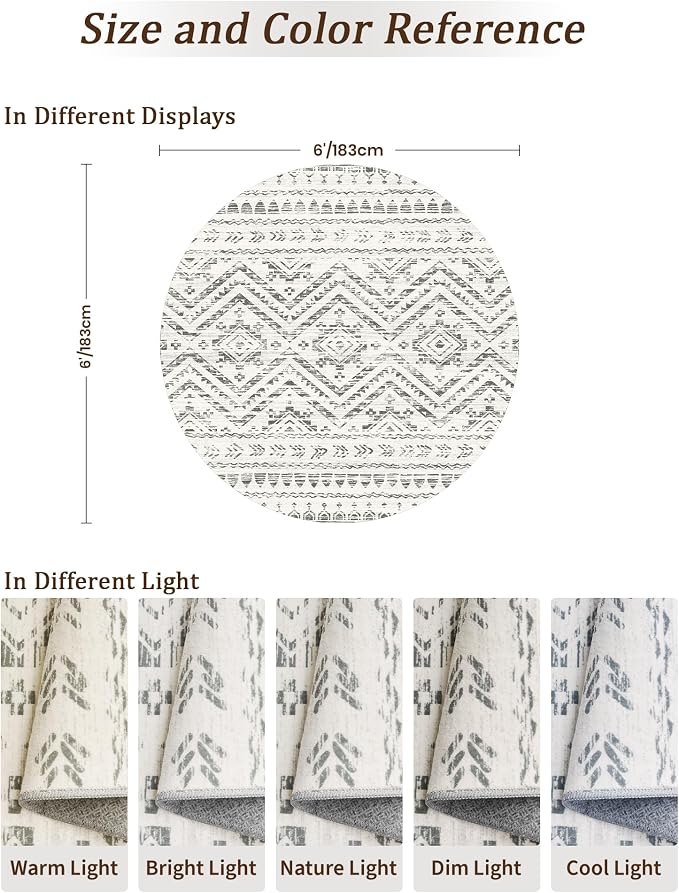 Miukiki Round Rugs 6ft for Living Room Moroccan Washable Circle Rug Grey | Non Slip Indoor Floor Carpet Foldable Area Rug for Dining Room with Low Pile 6ft