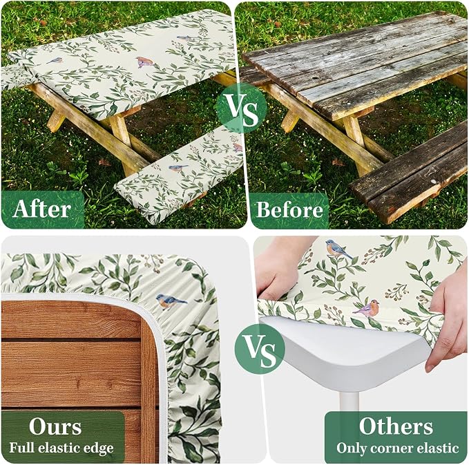 Picnic Table Cover with Bench Covers Elastic Edges, Botanical Bird Camper Fitted Table Cover, Outdoor Camping Essentials 72 Inch 3PCS, Waterproof Camping Fitted Tablecloth with Drawstring Bag