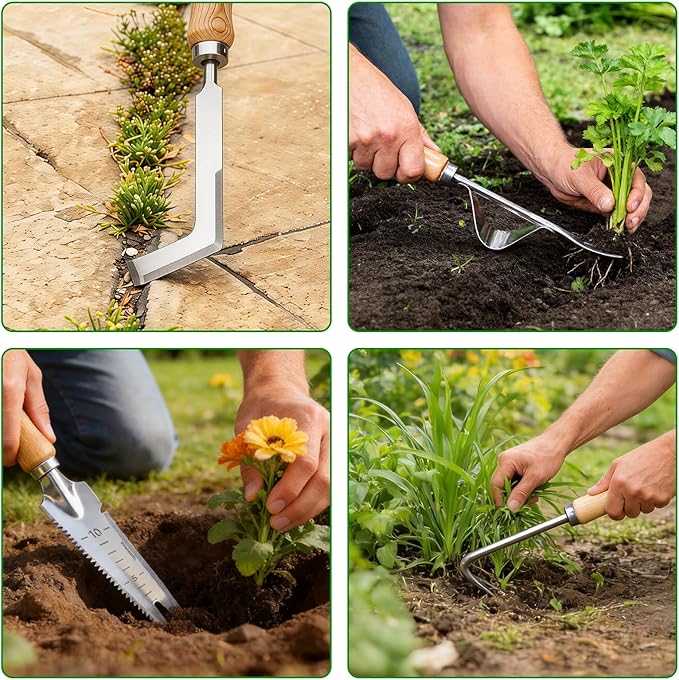 4PCS Garden Weeding Tool Set, Hand Weeder Tools with Wooden Handles, Double Claw Root Hook, V-Shape Weed Puller, Crack Weeder & Stainless Steel Garden Trowel for Digging, Planting & Weed Removal