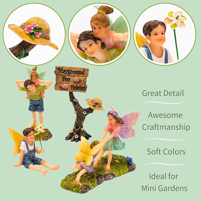 PRETMANNS Fairy Garden Accessories Kit with Fairy Figurines - Outdoor Indoor Miniature Garden Fairies Set - Hand Painted Garden Fairy Figures for Fairy Village - 4 Piece Playground