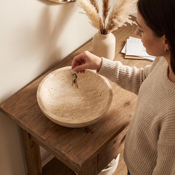 Large 7.87" Natural Travertine Stone Decorative Bowl, Beige Travertine Catchall Tray for Home Decor, Coffee Table Centerpiece, Fruit & Nut Bowl, Jewelry Dish, Key Holder (Limestone, 7.85)