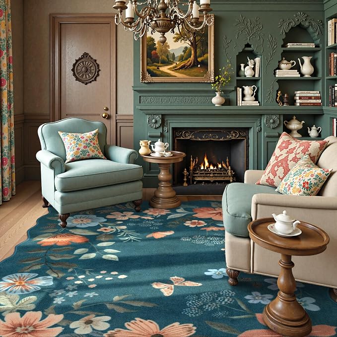 Lahome Floral Washable 6x9 Area Rugs, Soft Bedroom Rugs for Living Room | Ultra-Thin Non Slip Dining Room Rug, Stain Resistant Boho Blue Rugs Throw Carpet for Office Flore (6'x9',Navy Blue)