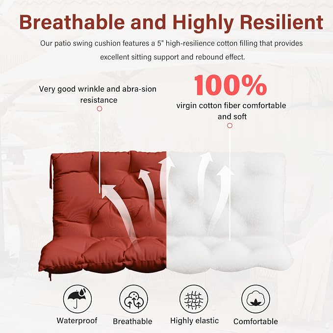 Porch Swing Cushion with Backrest,Waterproof Bench Cushion for Outdoor Furniture,2-3 Seater Replacement Thickened 5 in swing cushion,with Ties,Patio,Outdoor,Backyard and Garden (Terra Red,47x40 in)