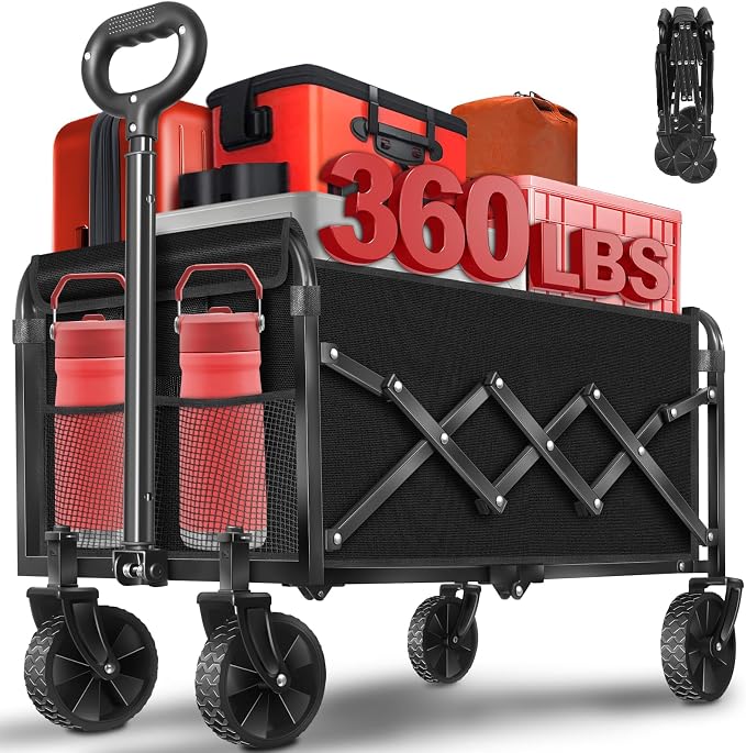 Collapsible Wagon Cart with Wheels, Compact 360 lb Folding Utility Wagon | 120L compact wagon with 360 lb support, 11 lb lightweight design, adjustable handle, 2 cup holders and all-terrain wheels