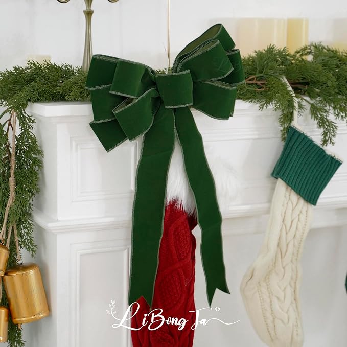 13" Moss Green Bow Pre-Tied Bow for Christmas Tree, Green Velvet Ribbon Bows for Wreaths, Premade Tree Toppers Bows for Gift Wrapping, Party Favor, Christmas Home Indoor Outdoor Decor-1 Count