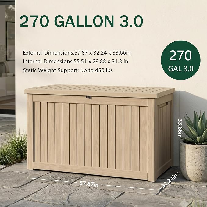 Outdoor Storage Box, 270 Gallon Waterproof Deck Box [Upgraded 3.0], Super-Sized Gas-Spring Resin Trunk for Large Seat Pillows, Heavy-Duty Lockable Backyard Storage Sofa, Garden Lawn, Grey