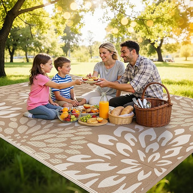 HEBE Waterproof Outdoor Rug 8x10 for Patios, Floral Reversible Plastic Straw Rug Patio Mat, Indoor Outdoor Carpet RV Mat Camping Rug for Deck, Camper, Porch, Balcony, Backyard, Picnic