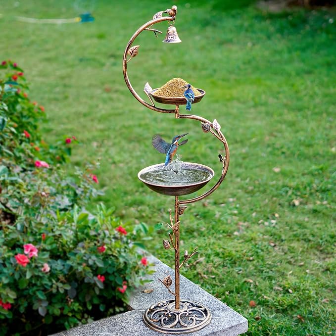 HOUYANG 44" H Cast Iron Bird Baths for Outdoors with Metal Bird Feeder,Vintage Metal Bird Bath Bowl Garden Lawn Yard Decorations