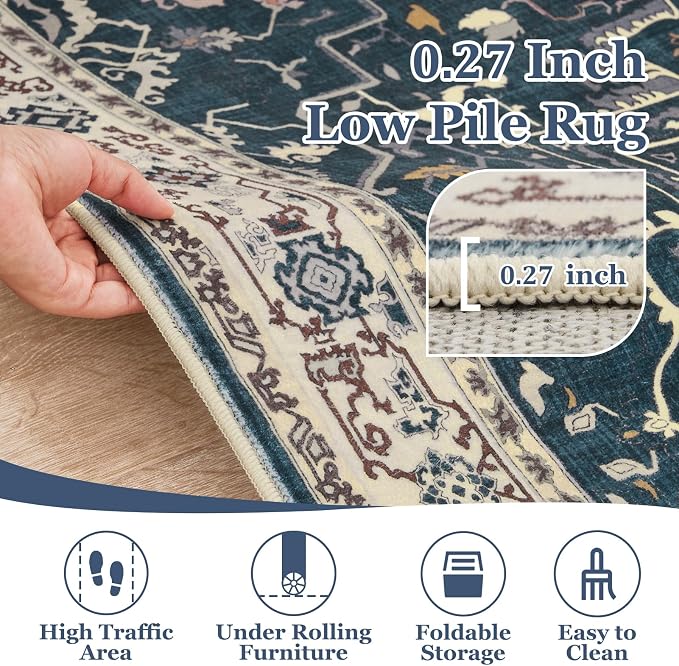 Vintage Distressed 8x10 Rugs for Living Room Bedroom, Washable Non Slip Dining Room Rugs for Under Table, Low Pile Thin Soft Carpet Farmhouse Dark Medallion Printed, Deep Blue/Multi