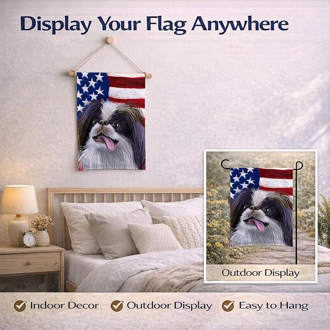 Caroline's Treasures CK6580GF Japanese Chin American Flag Garden Flag Mailbox Flag Decorative Yard Flag Banner Outside Patio Artwork Yard Flower Beds, Garden Size, Multicolor