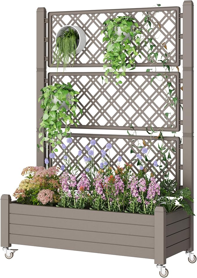 Resin Raised Garden Bed with Trellis and Wheels - Plasitc Planter Box with Trellis Outdoor with Drainage Holes & Water Monitor for Climbing Plants, Flower, Gray(61.2" H)