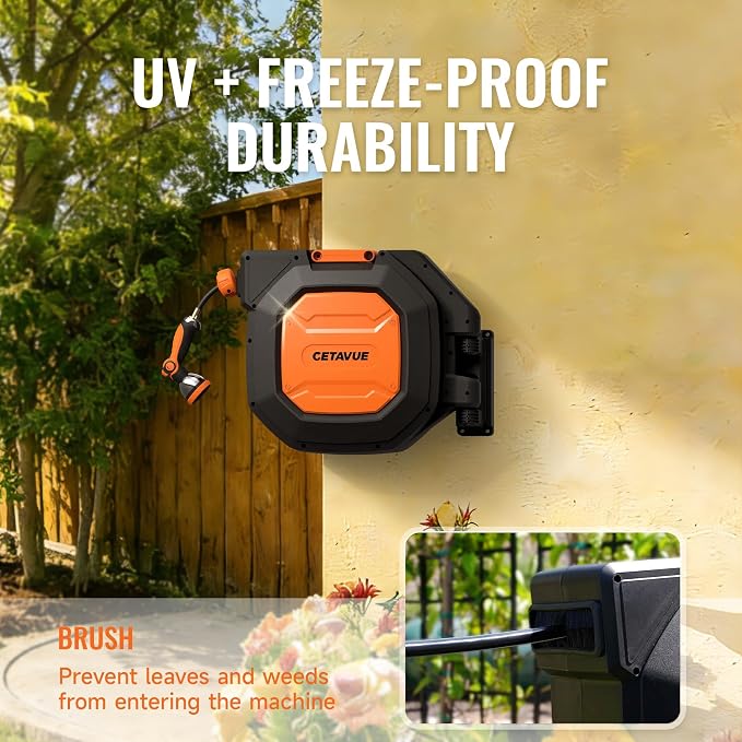 Retractable Garden Hose Reel 1/2 inch x 150 ft,Wall Mounted Heavy Duty Garden Hose Reel with 180°Swivel Bracket,Upgraded 10 Pattern Nozzle/Slow Return System(Black)
