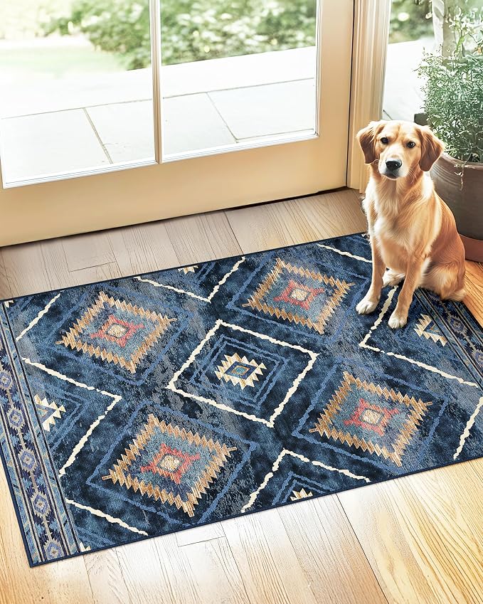 Area Rug 2x3 Rug Machine Washable Non-Slip Low Pile Print Pattern Western Rug for Living Room Bedroom Entryway Tribal Series -Darkblue | Soft Western No Slip Low Pile Print Foldable Indoor Small Rug for Kitchen entrance entryway doormat