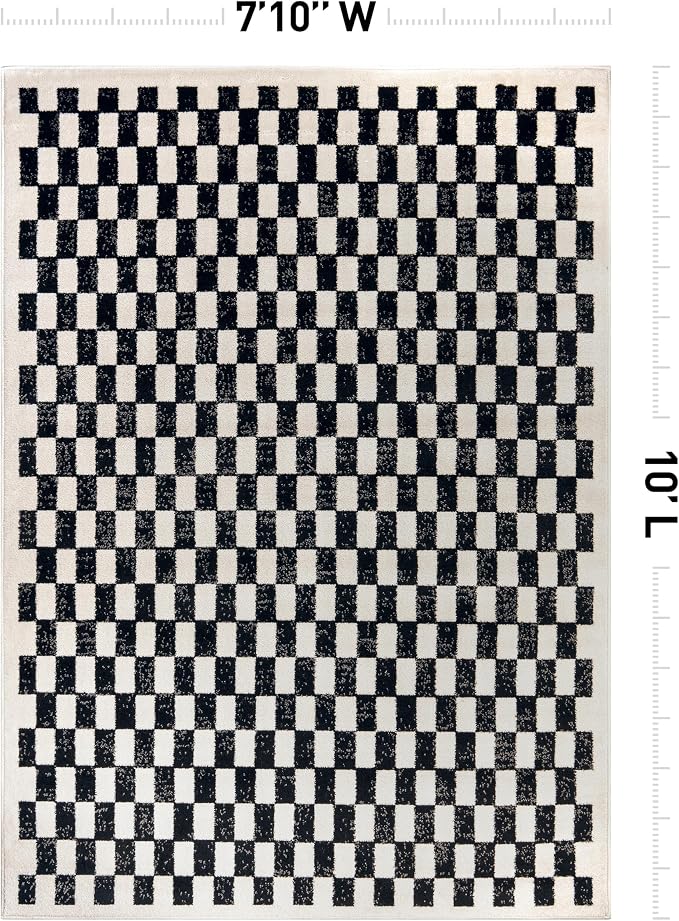 Rugshop Contemporary Checkered Grid Contrast Area Rug Black 7' 10" x 10' | Rectangular, Size 7' 10" x 10', Living Room, Bedroom, Dining Room, Home Office, Kitchen, Entryway, Hallway, Nursery, Bedside