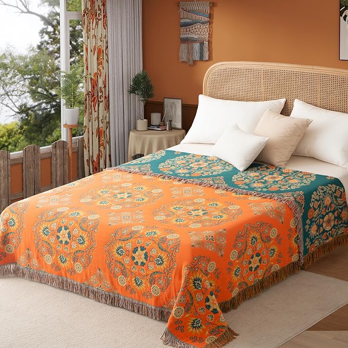 Phuryllic Boho Throw Blanket Queen Size, Oversized Soft Cozy Cotton Muslin Quilt Blanket for Bed Decor, Floral Patterned Couch Sofa Chair Cover, Vintage Farmhouse Cottage Woven Blanket, Orange&Green