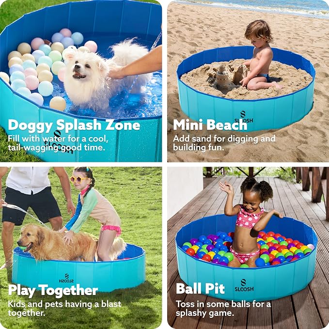SLOOSH Foldable Dog Kiddie Pool - Portable Hard Plastic Doggie Swimming Pool, Anti-Slip Collapsible Pets Bath Tub Suitable for Kids Indoor Outdoor Backyard Use (Blue, 48" x 12")
