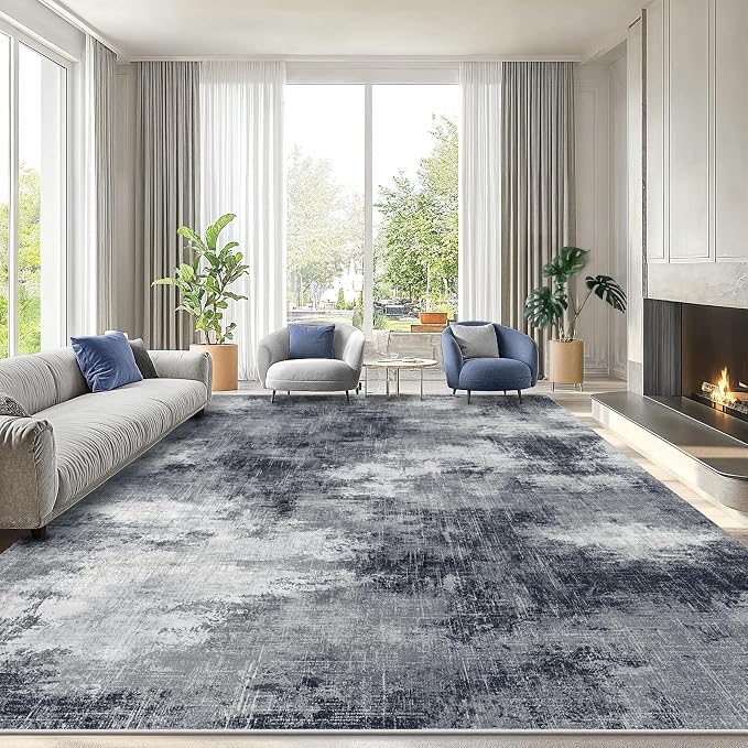 AMADA HOMEFURNISHING 8x10 Area Rug for Living Room, Modern Abstract Rug with Non-Slip Backing & Low Pile, Large Washable Rug with Abstract Pattern for Bedroom, Dinning Room, Home Office, Grey