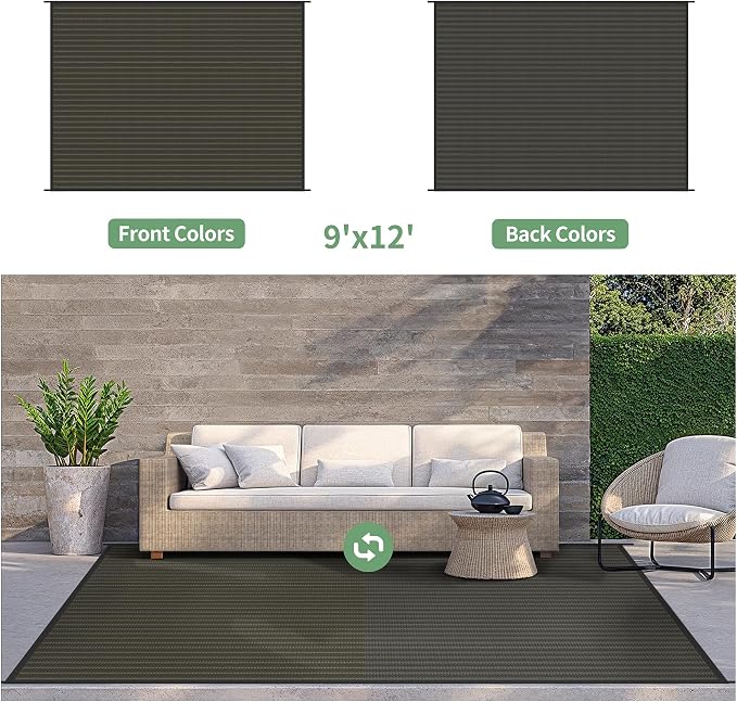 GENIMO Outdoor Rug for Patio Clearance, 9'x12' Reversible Plastic Straw Rugs, Lightweight Waterproof RV Camping Mat for Camper, Balcony, Deck, Backyard, Picnic, Black & Brown