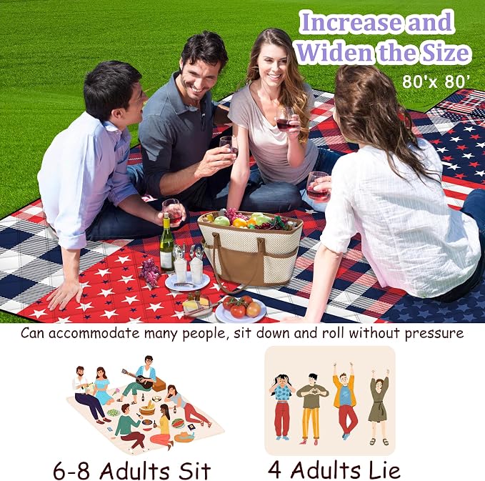 Poedist Extra Large Patriotic Picnic Blanket Waterproof,80"x 80"Foldable Machine Washable Beach Blanket,Outdoor Blanket for 6-8 Adults,Suitable for Indoor Crawling,Park,Camping,Hiking,Family Travel