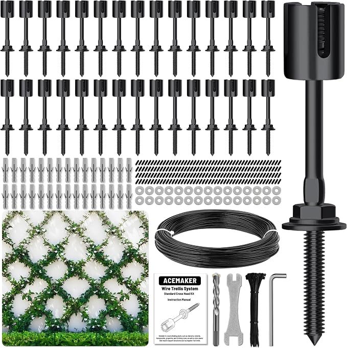 30-Set PVD Black 1/8" Wire Trellis for Climbing Plants Outdoor with 150ft Vinyl Coated Cable, T316 Stainless Steel Wall Wire Trellis Kit