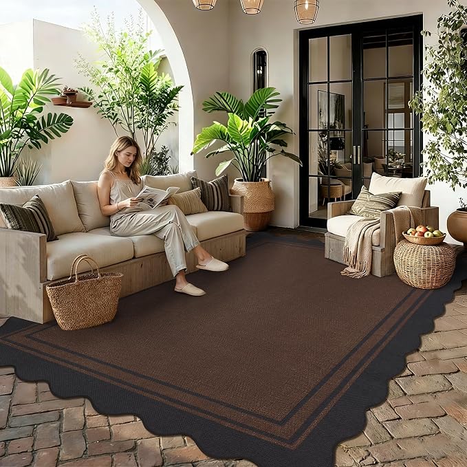 6x9 Scalloped Rug Easy Jute Washable Outdoor Patio Rug for Living Room Indoor Outdoor Black Brown Geometric Neutral Carpet for Backyard Patio Dining Room