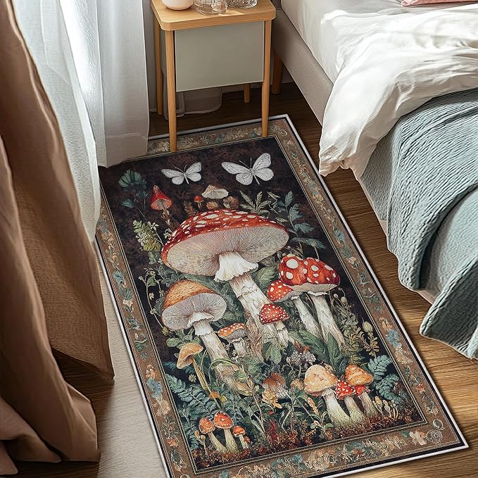 Botanical Mushroom Area Rug for Living Room Vintage Butterfly 3x5 Entryway Rug Modern Farmhouse Mushrooms Rugs Non Slip Low Pile Machine Washable Floor Carpet for Indoor Bedroom Dining Room Kitchen