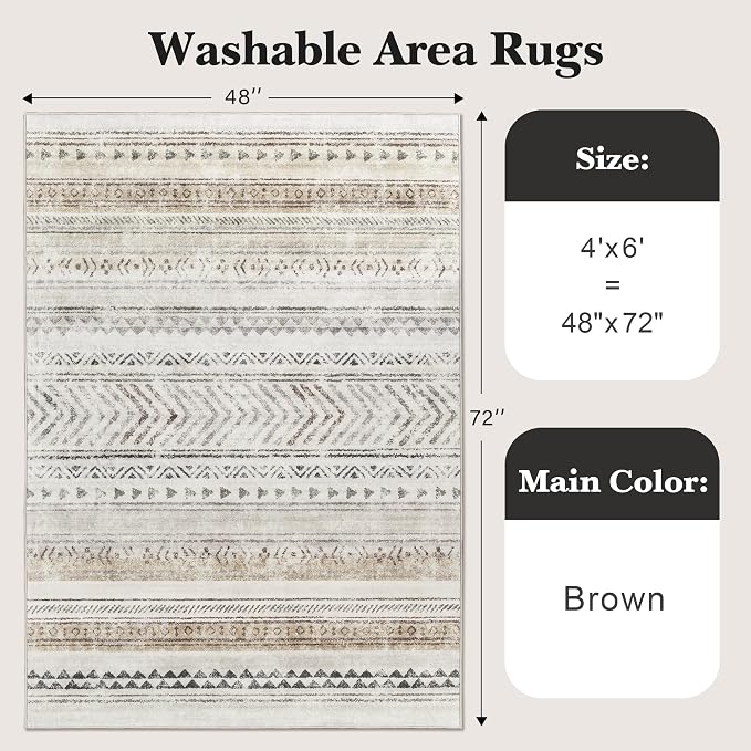 Art&Tuft 4x6 Area Rug Non Slip, Moroccan Washable Rugs for Bedroom, Brown | Low Pile, Soft & Lighweight, Thin, Folable, Stain Resistant Indoor Carpet for Living Room, Kitchen, Coffee Table, Powder Room