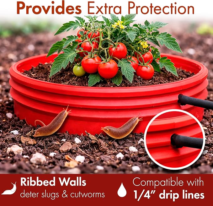 7 inch solid Planting Grow Rings | 24 Pack Red | One-Piece Design for Deep Root Watering Veggies, Herbs & Flowers | Mulch & Soil Barrier | Deter Slugs and Cutworms | Heavy Duty | Made in USA