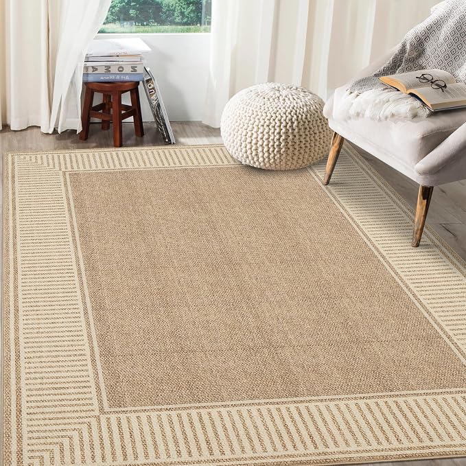 GarveeHome 9x12 Area Rug for Living Room Large Washable Bedroom Rug | Low Pile Stain Resistant Dining Room Area Rug with Rubber Backing Modern Bordered Throw Carpet for Home Decor Office, Khaki