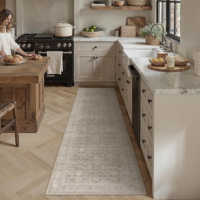 2x8 Beige Vintage Distressed Washable Runner Rug for Hallway | Low Pile, Non Slip, Retro Style, Soft Distressed Long Hallway Runner for Kitchen, Entryway, Laundry, Bedroom, Home Decor