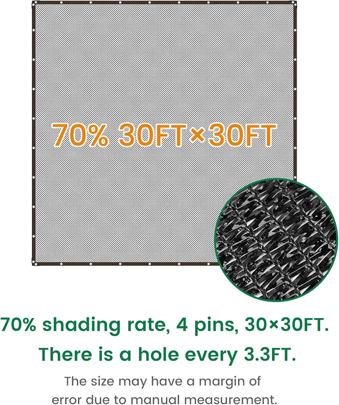 70% 30 X 30 FT Black Shade Cloth, Outdoor Sunblock Shade Cloth with Grommets, Durable Sun Shade Netting Shading Antifreezing for Patio, Garden, Plants Cover, Greenhouse, Barns, Dog Kennel