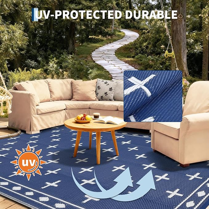 Waterproof Outdoor Rug 8x10, Modern Reversible Plastic Straw Patio Camping Rugs, Outdoor Indoor RV Mat Carpet for Patio, Outside Entry, Backyard, Deck, Bench, Picnic, Camper，Navy/Blue
