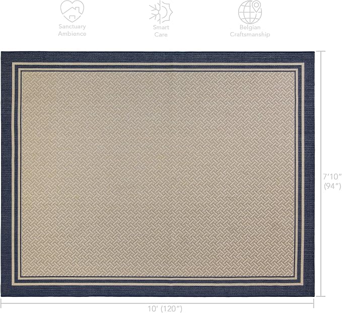 Gertmenian Indoor/Outdoor Flatweave Area Rug - 8x10 Large, Stain & UV Resistant, Ideal For Deck, Patio, Poolside, Mudroom - Simple Border, Navy Blue, 22010