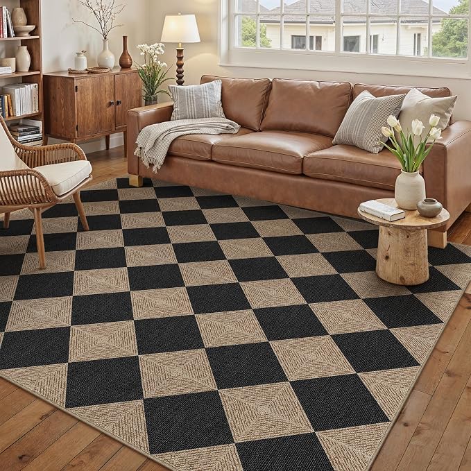PureCozy 5x8 Checkered Easy Jute Area Rug for Living Room Checkerboard Washable Indoor Outdoor Carpet Farmhouse Patio Office Mat Textured Diamond Non Slip Black Carpet for Backyard Dining Room