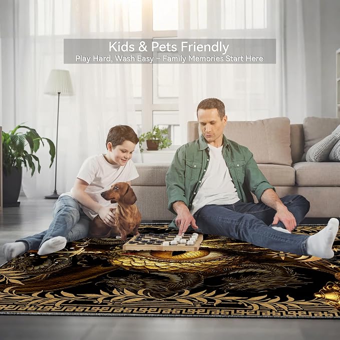 Dark Black Area Rug 8x10 -Dragon & Treasure Carpet with Fantasy Design, Luxurious Machine Washable Non-Slip Rug for Living Room, Bedroom.