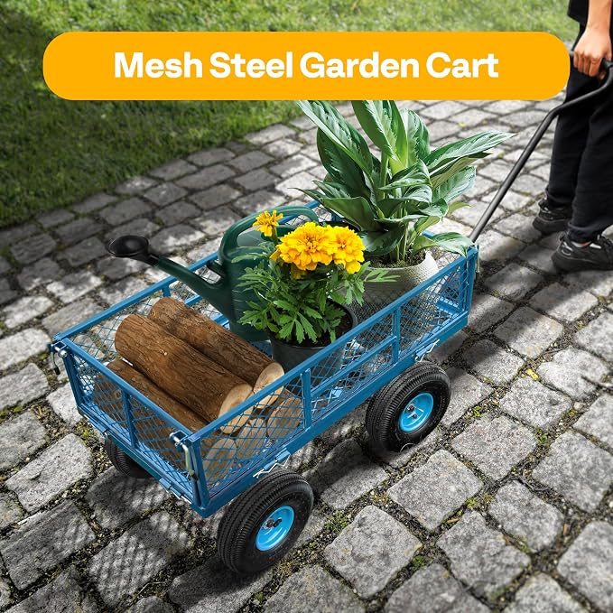 VIVOHOME Heavy Duty 880 Lbs 4.5 Cu Ft Mesh Steel Garden Cart Utility Wagon | Removable Sides and 4.10/3.50-4" Wheels 10 inch Tire (Blue)